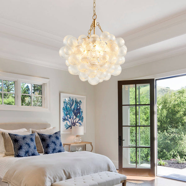Gold Pendant Chandelier with Threaded Clear Glass Globe Shade for Living, Dining & Kitchen