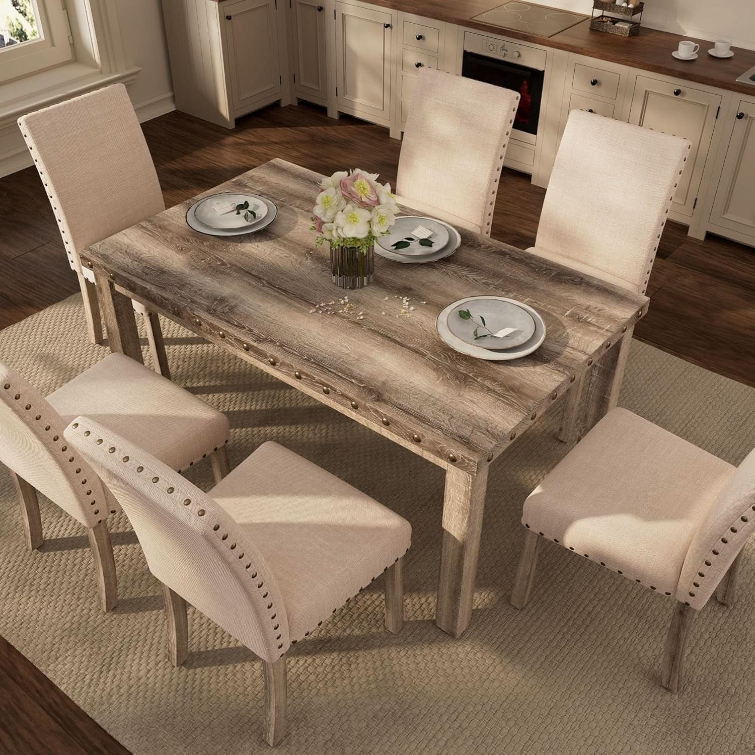 Rustic Dining Table Set Six NailheadAccents Chairs