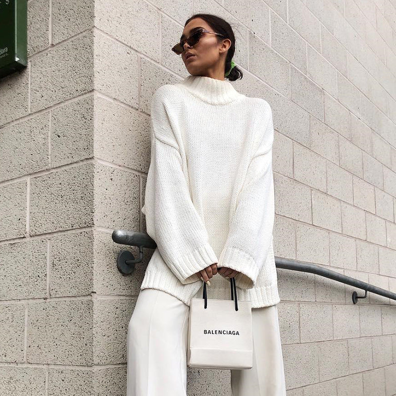 Knitted pullover loose irregular thick sweater high neck knitted sweater