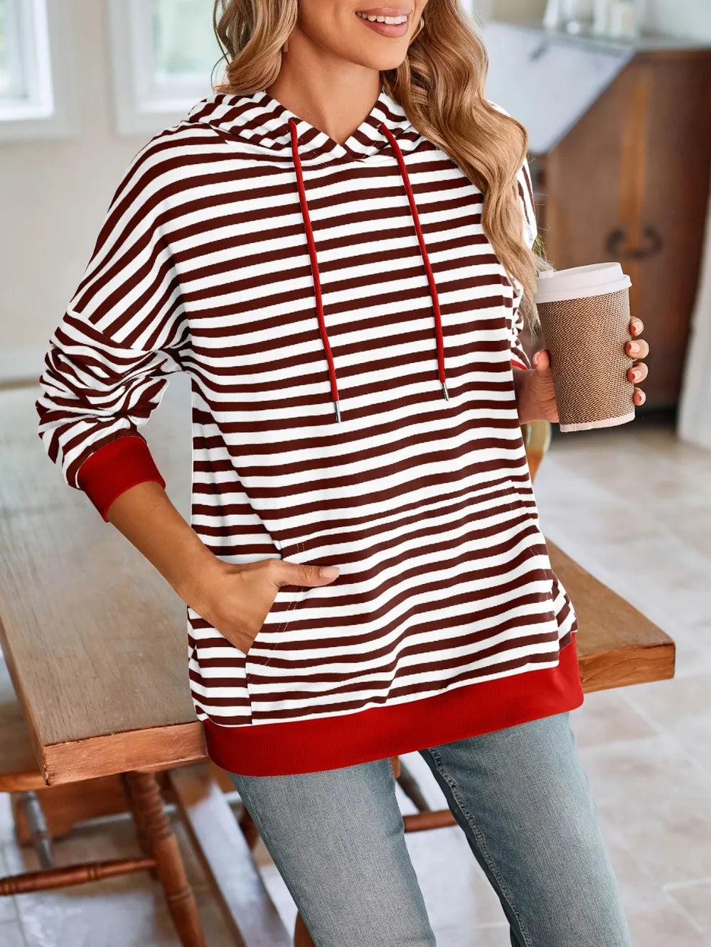 Loose casual striped hooded sweatshirt