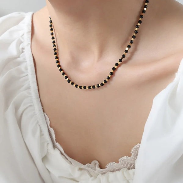 Square titanium steel gold-plated natural black agate stone handmade bead necklace jewelry for women
