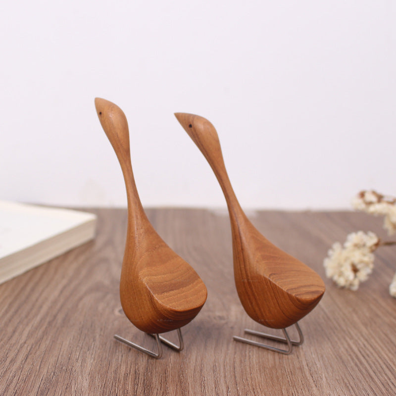 Swan Wooden Figurine Creative Desktop Home Decor Wood Carved Goose Craft Carving Nordic Figurine