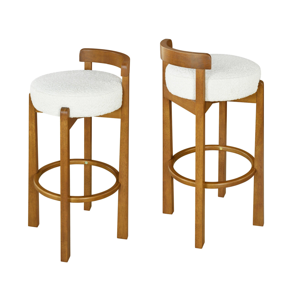 Walnut Wood Bar Stools with White Upholstered Seats – Modern Counter Stools (Set of 2)