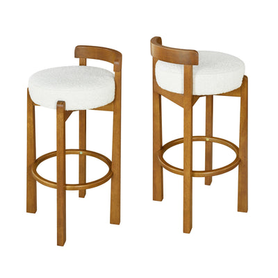 Walnut Wood Bar Stools with White Upholstered Seats – Modern Counter Stools (Set of 2)