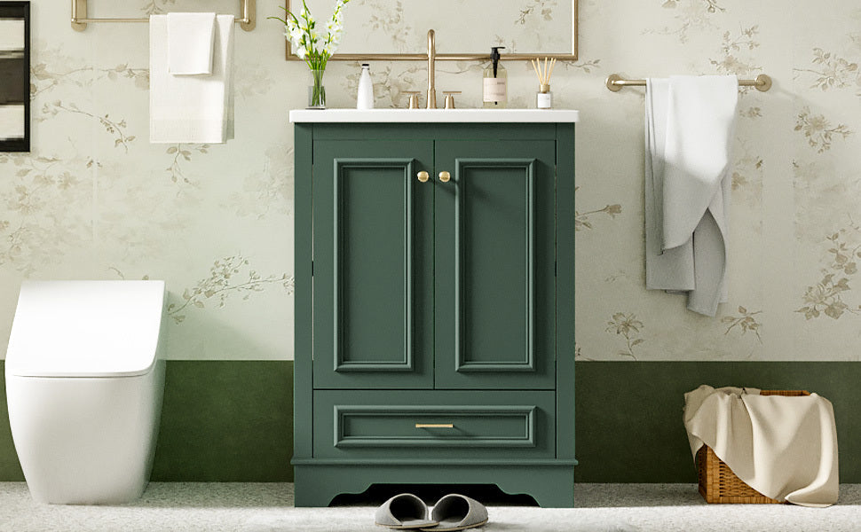 Bathroom Vanity with Ceramic Sink and Modern Freestanding Storage Cabinet, Soft-Close Doors