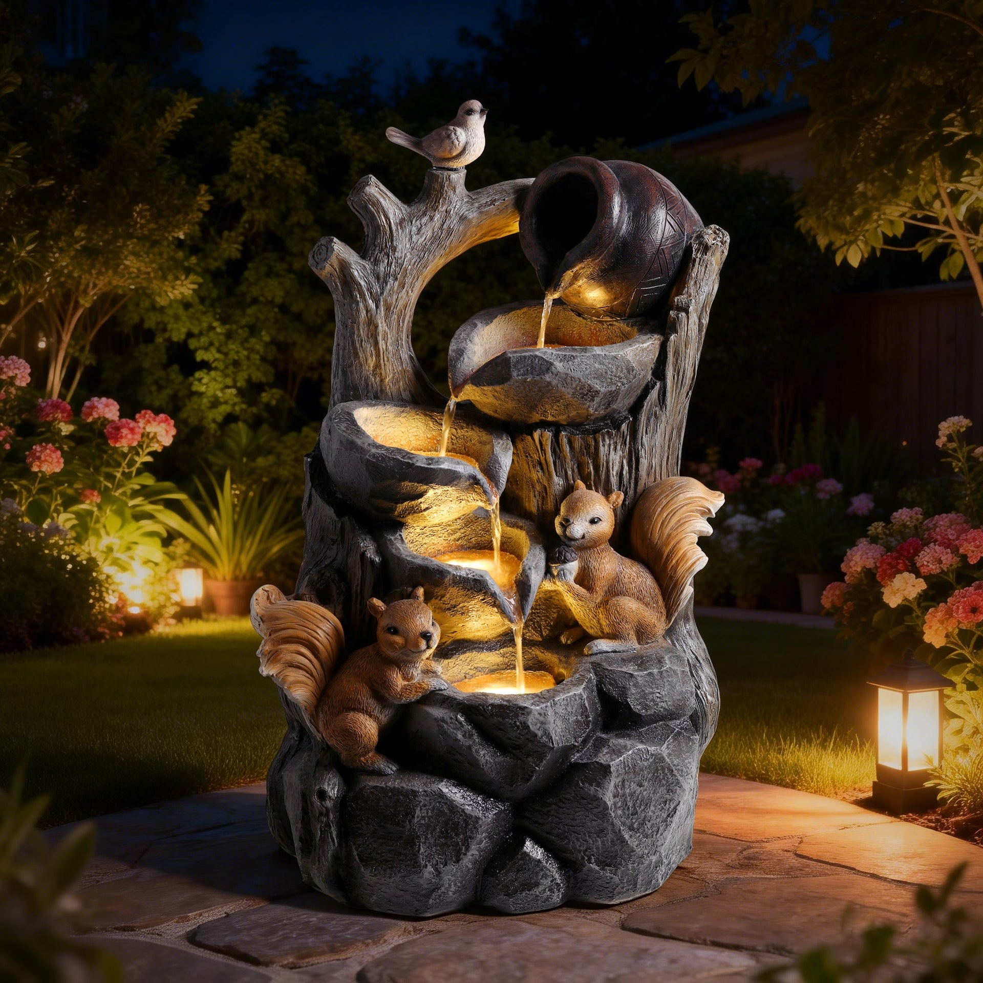 Resin Squirrel Tree Stump Outdoor Fountain 30 Inch LED