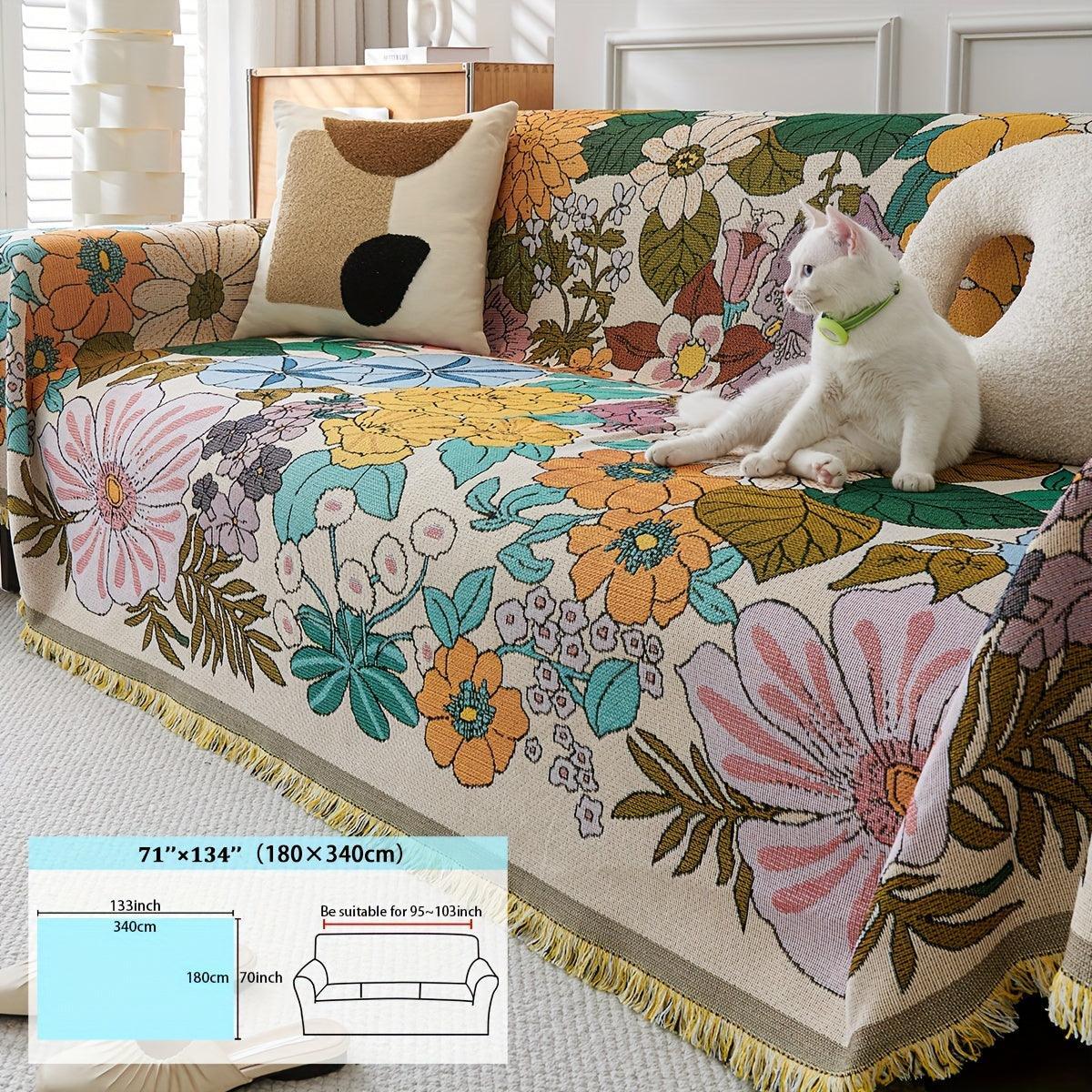 Linen Sofa Cover | Floral Tassel Throw, Pet-Friendly & Non-Slip
