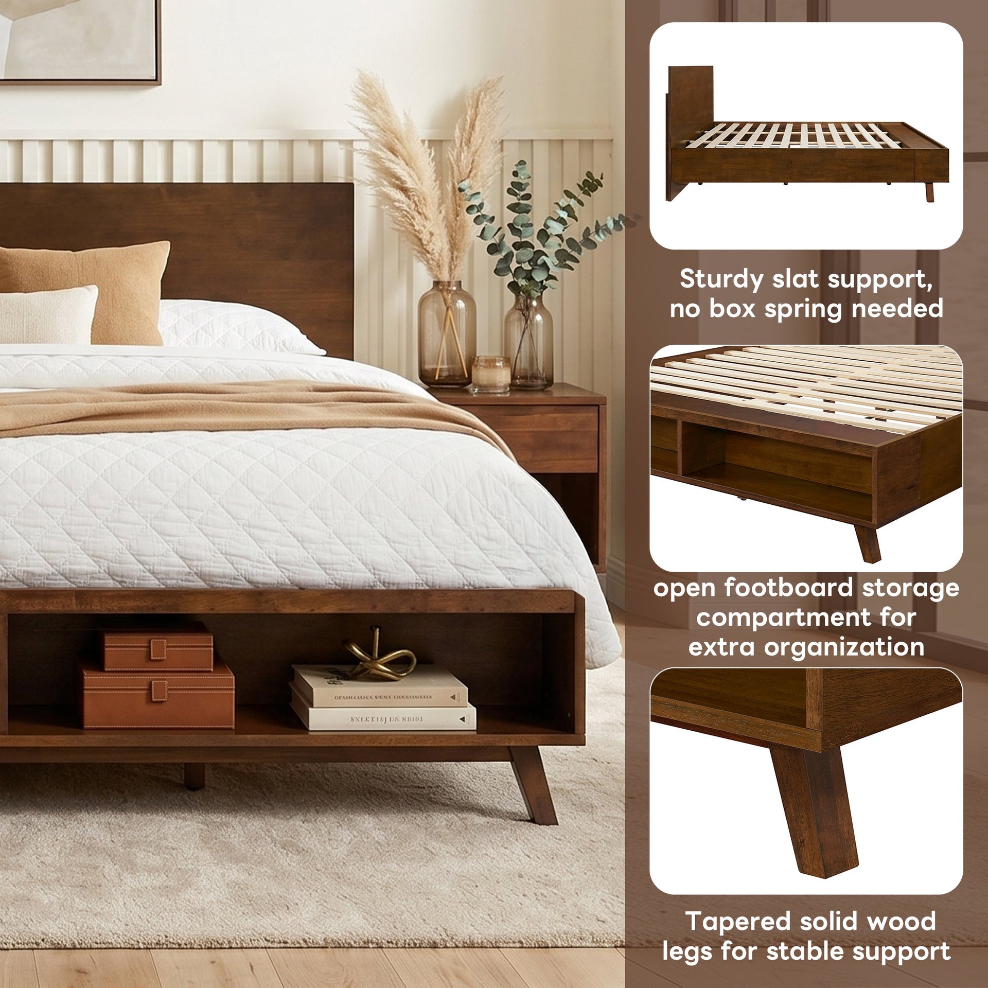 Walnut Queen Size Platform Bed Frame with Footboard Storage