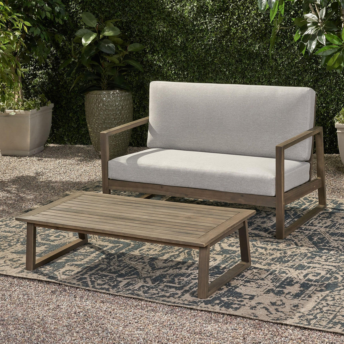 Grey Acacia Wood Outdoor Loveseat and a Table