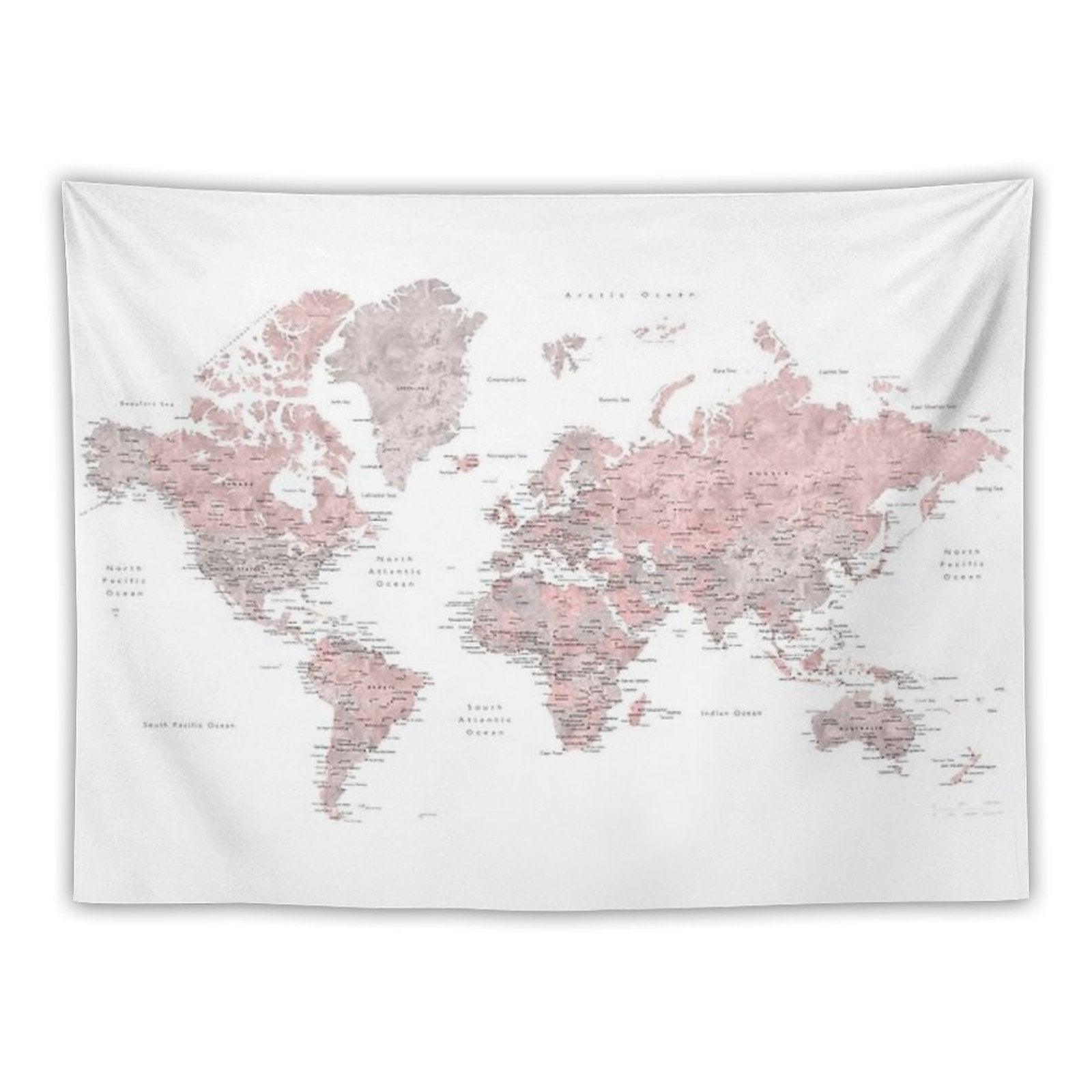 Muted Pink And Taupe Detailed World Map Tapestry