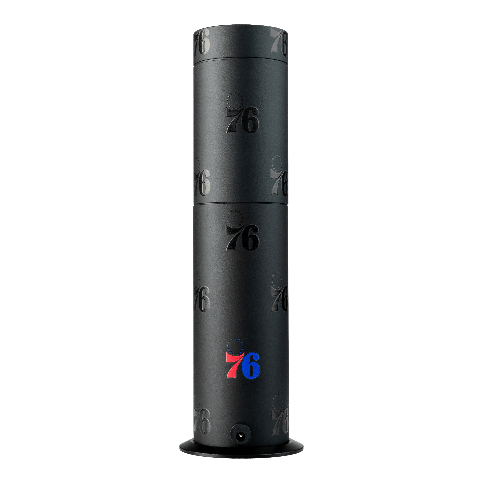 Black cylindrical product with '76' branding on a white background