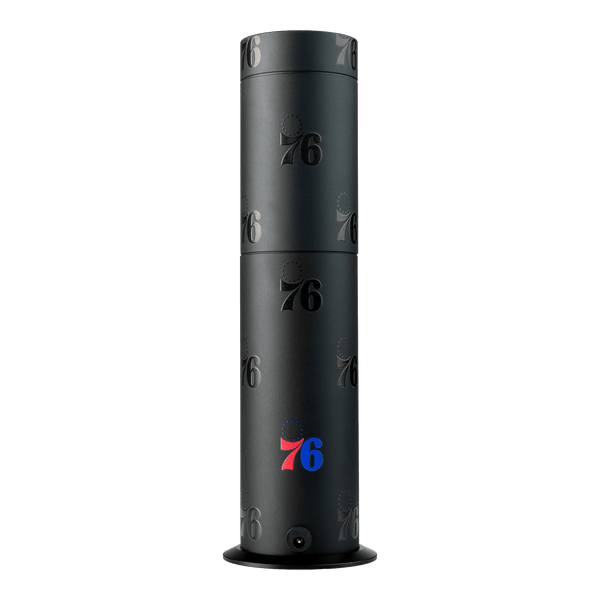 Black cylindrical product with '76' branding on a white background