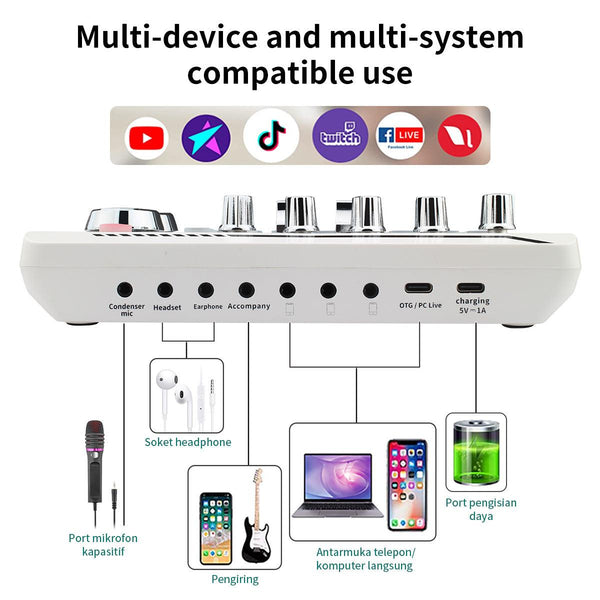 F998Pro live singing sound card white English version intelligent noise reduction integrated microphone
