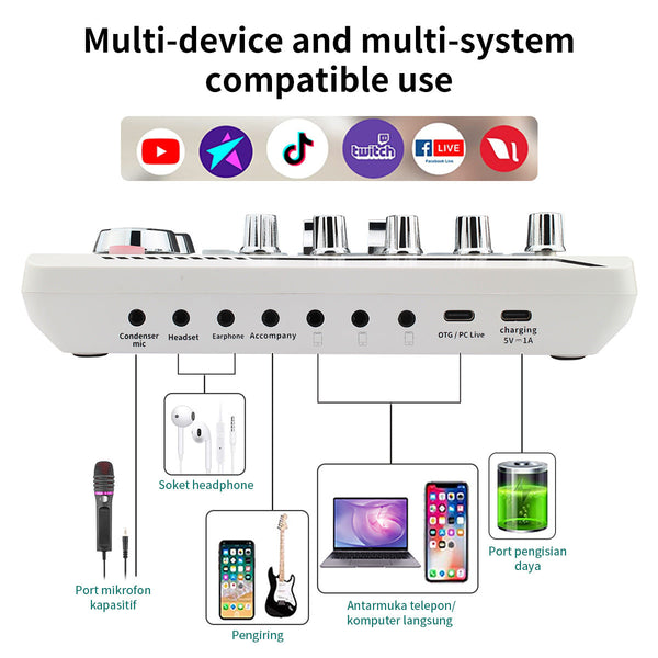 F998Pro live singing sound card white English version intelligent noise reduction integrated microphone