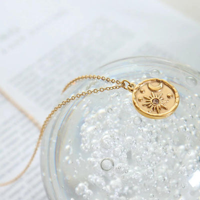 Zircon Star Moon Romantic Necklace Titanium Steel Gold Plated Round Pendant Neck Chain