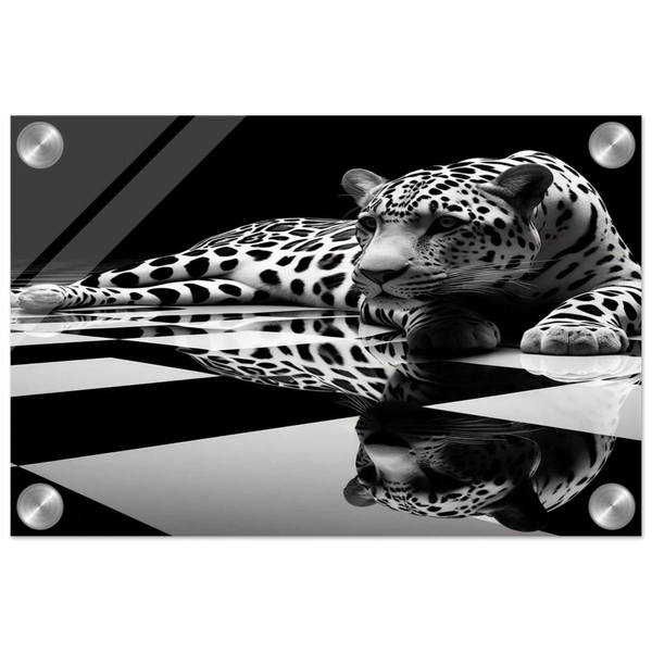 Leopard Acrylic Print on Black and White Checkered Floor – Glossy Finish Wall Art