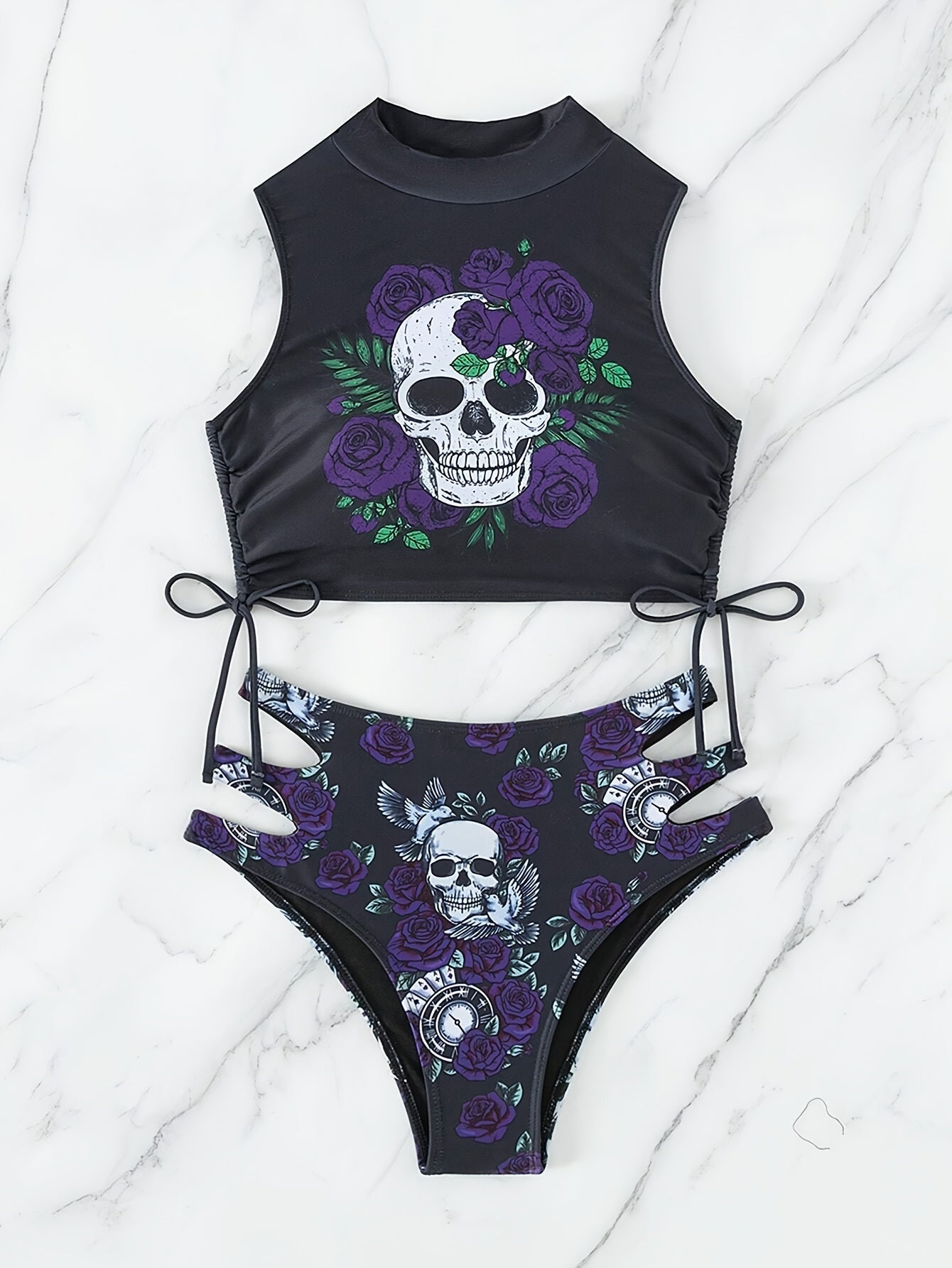 Bikini Skull Print Hollow-Out 2 Piece Swimsuit for Women – Sexy Lace-Up Floral Tie Bathing Suit with Crew Neck – High Stretch Halloween Inspired Bikini Set for Beach Party, Festival, and Summer Vacation