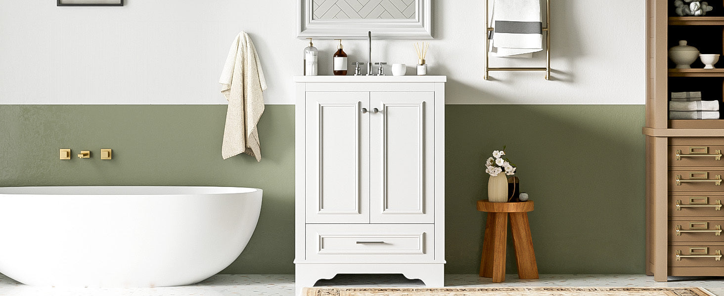 Bathroom Vanity with Ceramic Sink and Modern Freestanding Storage Cabinet, Soft-Close Doors