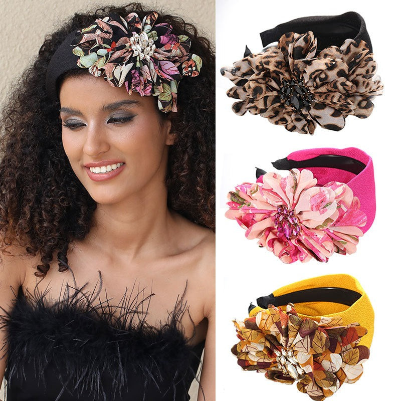 Handmade diamond inlaid fabric flower with teeth and anti slip exaggerated headband for women