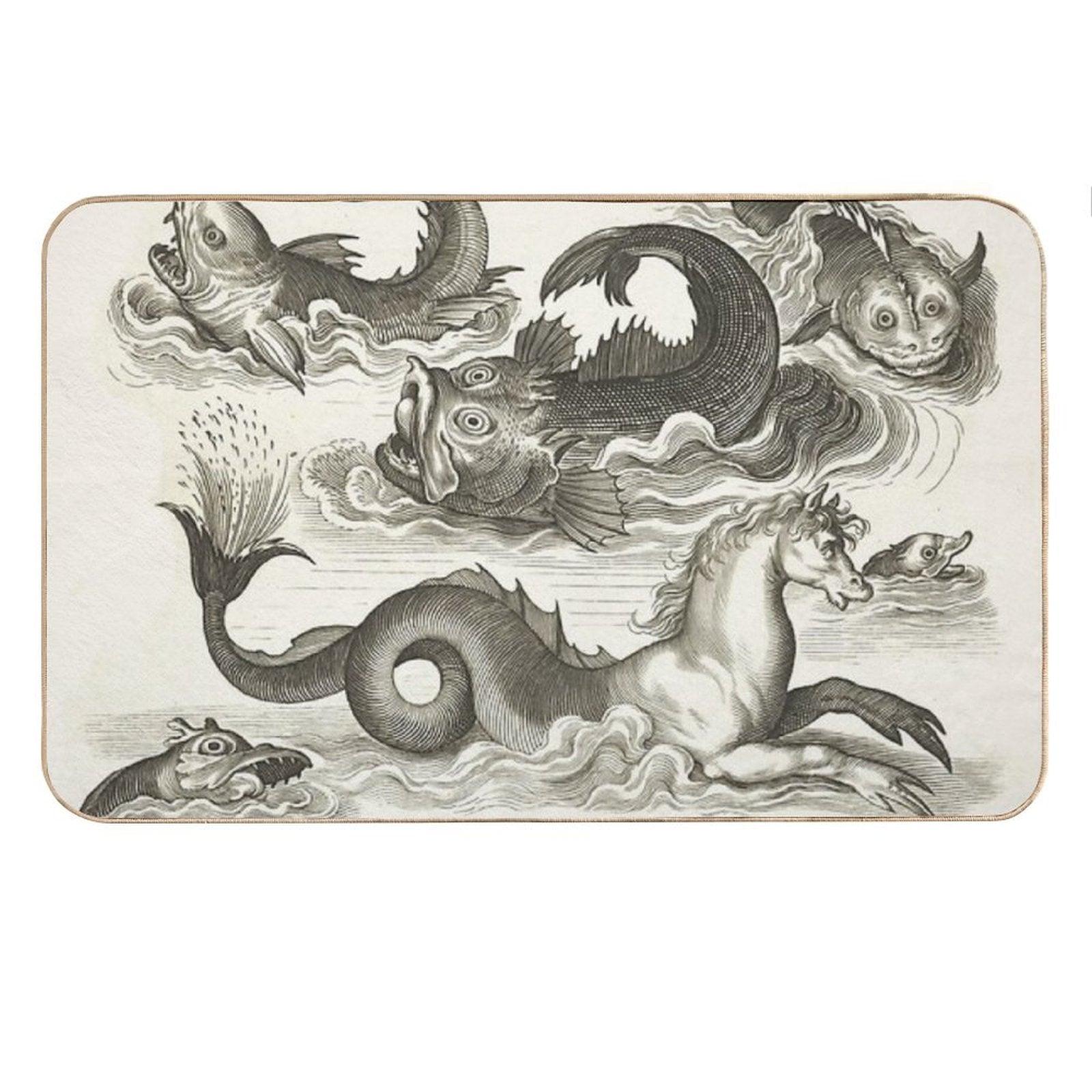 MEDIEVAL BESTIARY,Black White Fantastic Aquatic Animals And Sea Horse of Neptune Bath Mat