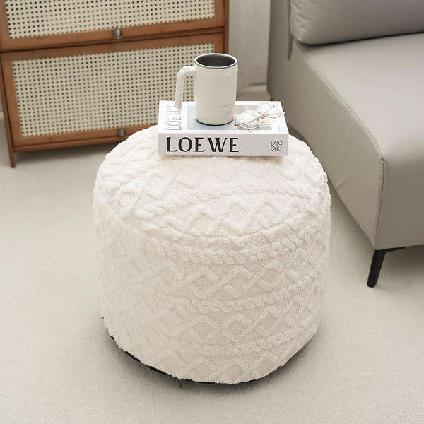 Beige Velvet Texture FauxFur Memory Foam Round Ottoman
