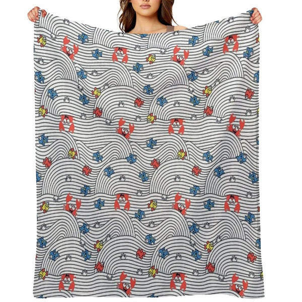 Grafic Waves from Stripes with Fish And Crabs. Sea Seamless Pattern. Throw Blanket