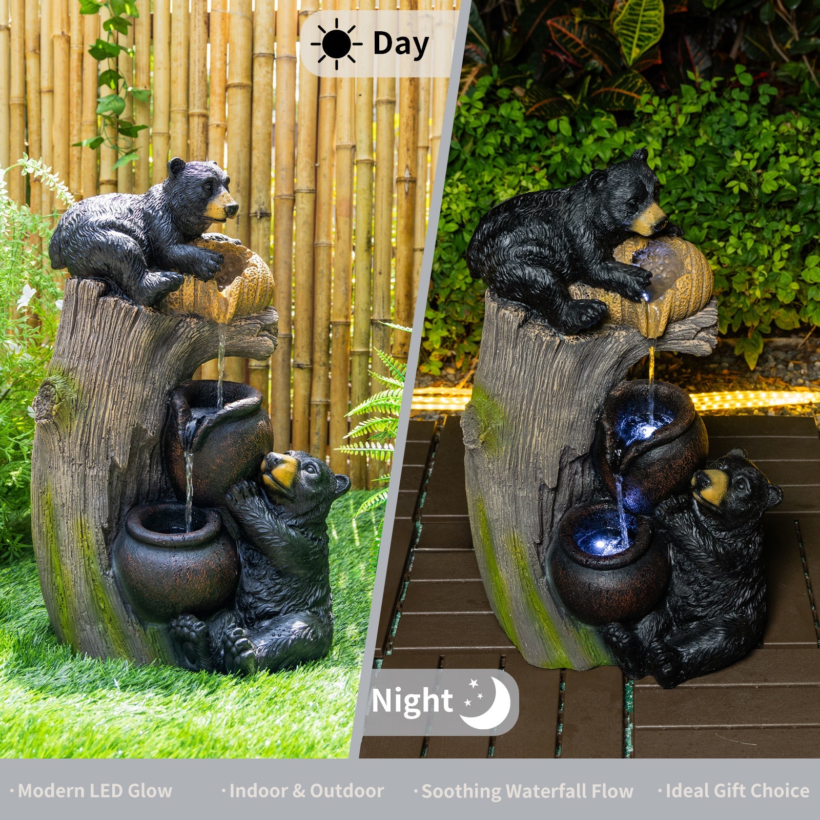 Resin Black Bear Outdoor Water Fountain with LED Lights