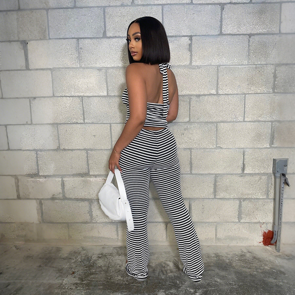 Belted Short Top with Slim Pencil Skirt Two-Piece Set in Jacquard Stripe