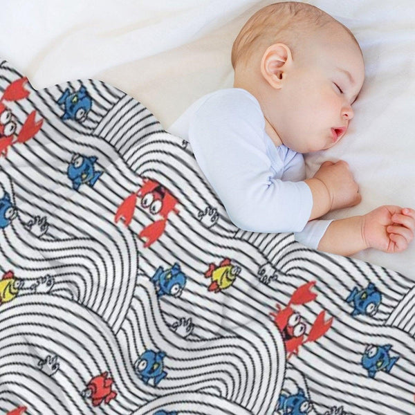 Grafic Waves from Stripes with Fish And Crabs. Sea Seamless Pattern. Throw Blanket