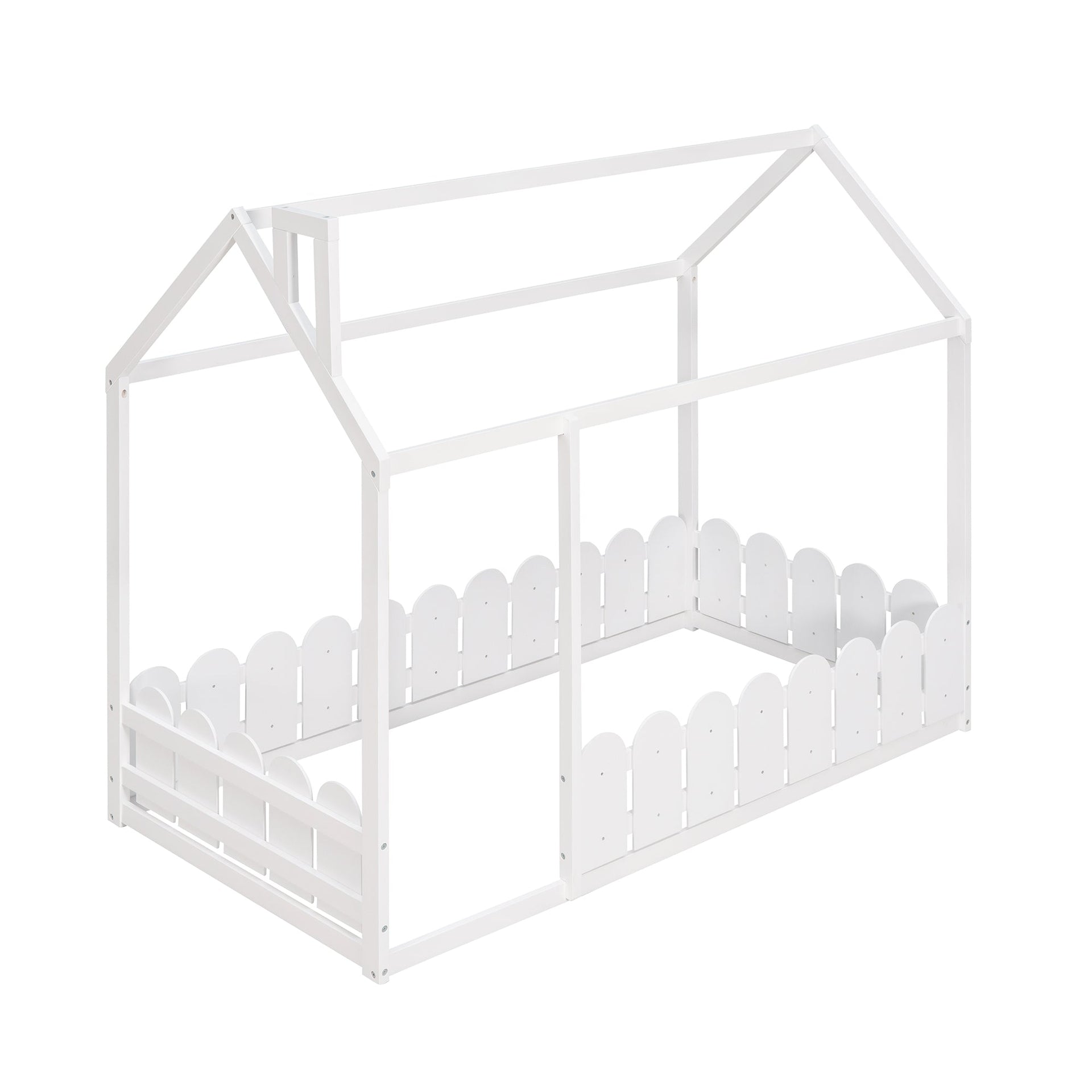{Slats are not included}Twin Size Wood Bed House Bed Frame with Fence for KidsTeens Girls Boys {White}