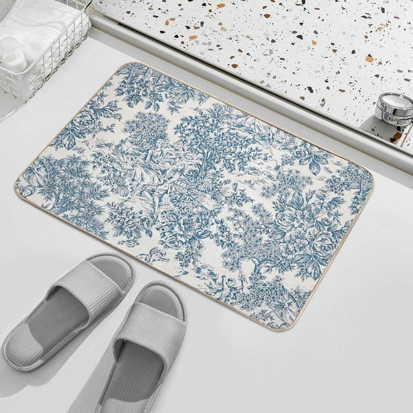Powder Blue Romantic Flowers French Toile Design Bath Mat