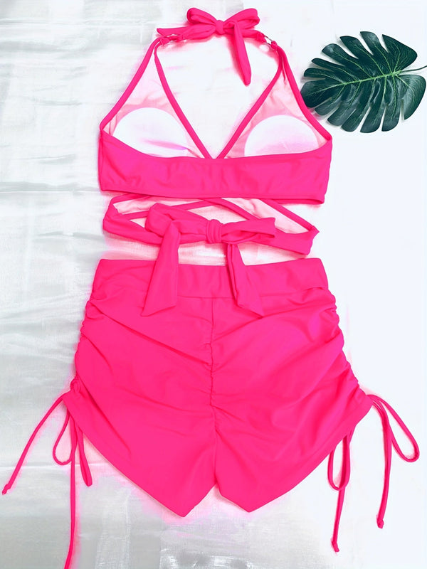 Coastal Curve Halter Bikini Set for Women – V-Neck Crisscross Drawstring Swimsuit with Chic Ring Detail & High-Waisted Boxer Shorts for Summer – Sleek Two-Piece Nylon Swimwear for Women’s Beach & Poolside Style