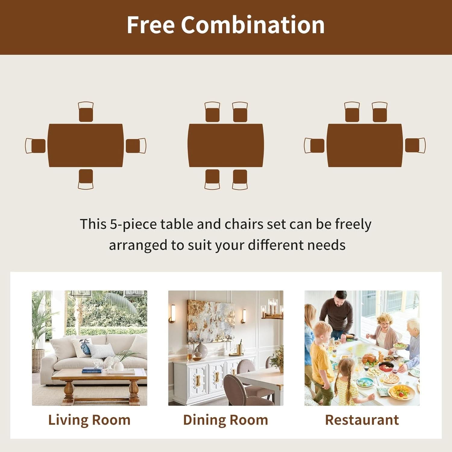 Brown Beige Space Saving Solid Wood Dining Set Chairs