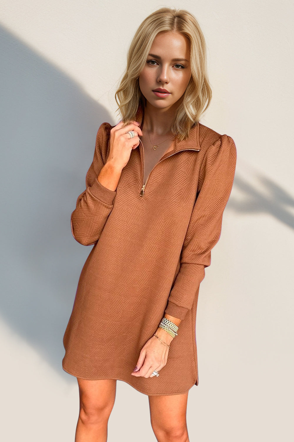 Double Take Textured Zip Long Sleeve Dress Classic Zip-Up Dress for Women Comfortable Outdoor Dress