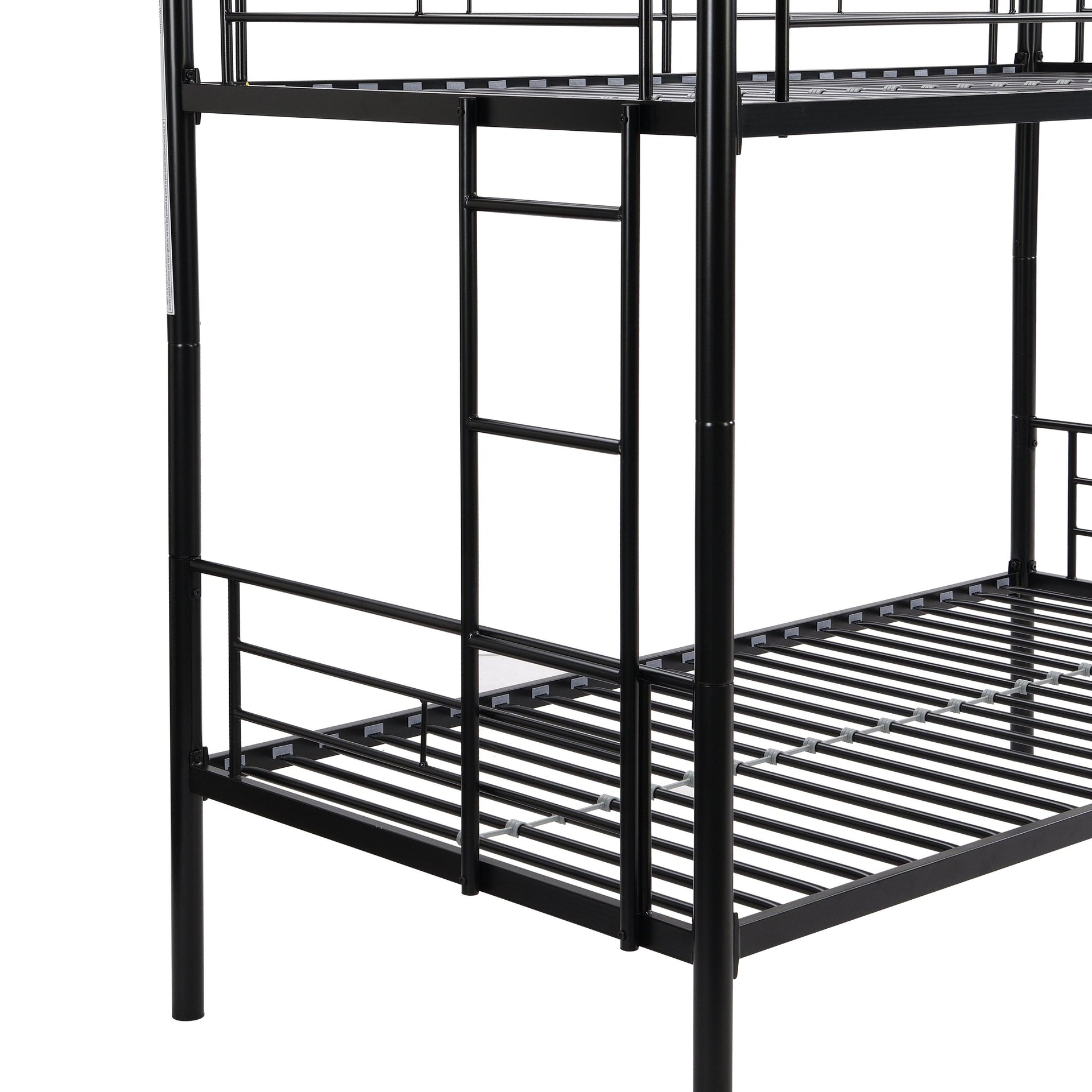 Double decker bed, size above twin bed, with 2 ladders and full-length guardrail, metal, storage space, black