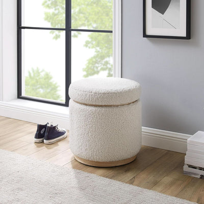 Cream Sherpa Deluxe Storage Ottoman Solidwood Base