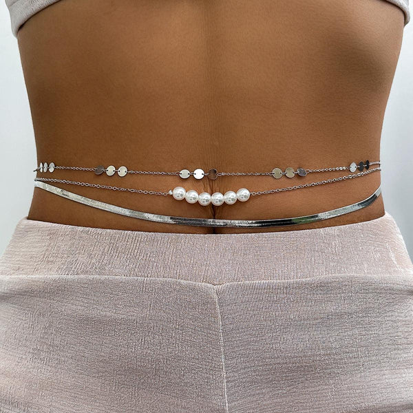 Three layer metal wind versatile waist chain WAIST CHAIN sexy imitation pearl body chain