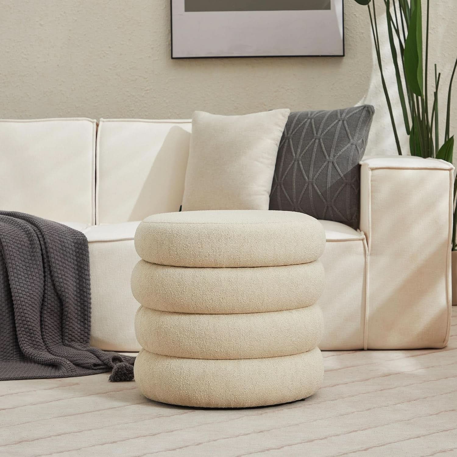 Beige Linen Upholstered Round Storage Ottoman Removable Lid