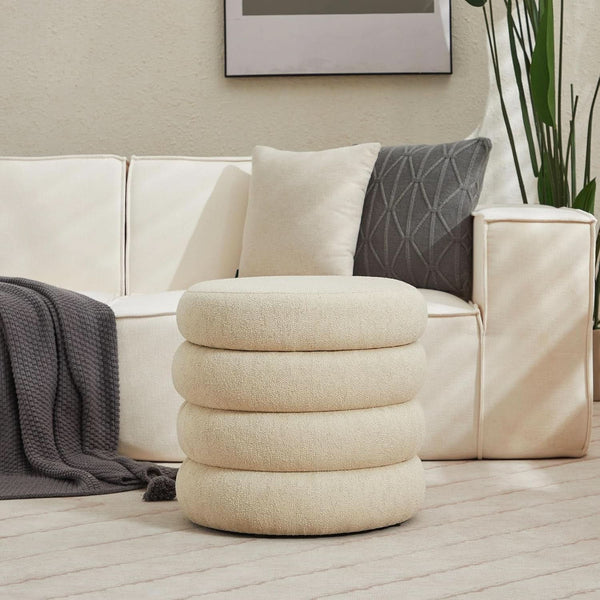 Beige Linen Upholstered Round Storage Ottoman Removable Lid