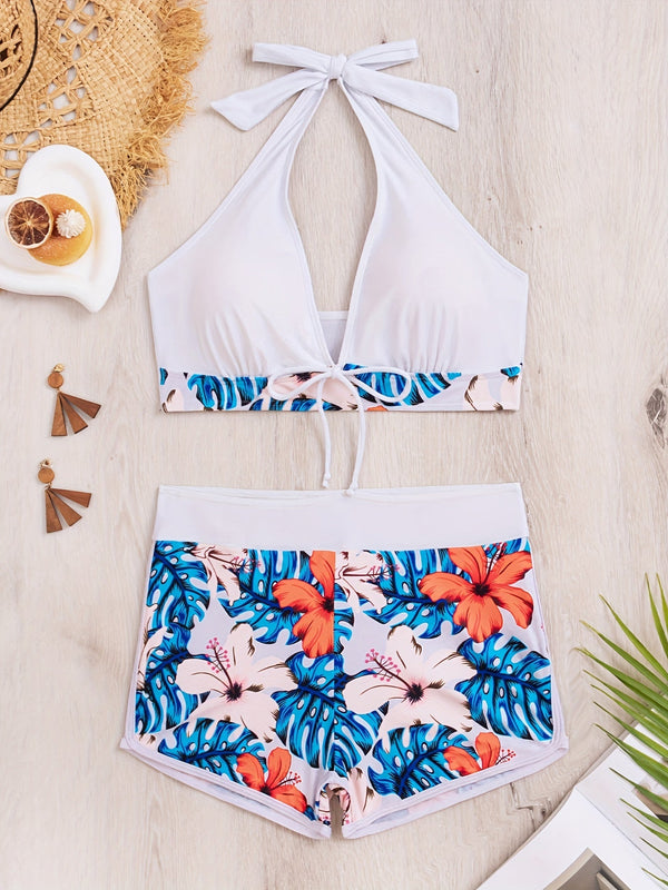 Bikini Floral Halter Neck 2 Piece Swimsuit for Women – Elegant Backless Bikini Set with Tie-Neck Bow and High Waist Shorts Bottoms – Stretchy and Comfortable Summer Swimwear for Beach Pool and Vacation