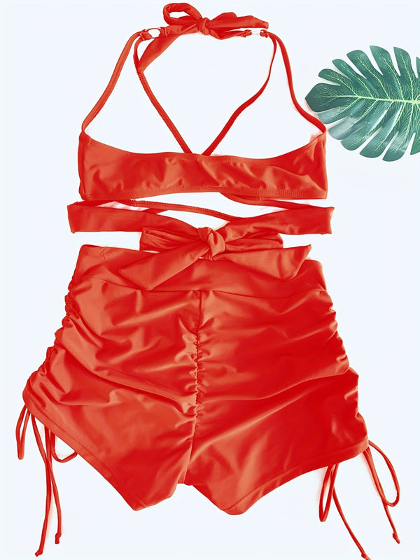 Coastal Curve Halter Bikini Set for Women – V-Neck Crisscross Drawstring Swimsuit with Chic Ring Detail & High-Waisted Boxer Shorts for Summer – Sleek Two-Piece Nylon Swimwear for Women’s Beach & Poolside Style
