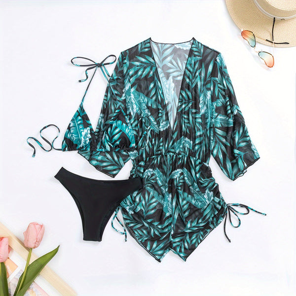 Island Bloom 3-Piece Bikini Set for Women – Tropical Leaf Print Fluttering Swimwear with Flattering Halter Neck Top High Waist Bottoms & Adjustable Drawstring Cover Up – Perfect for Koningsdag Celebrations & Summer Adventures