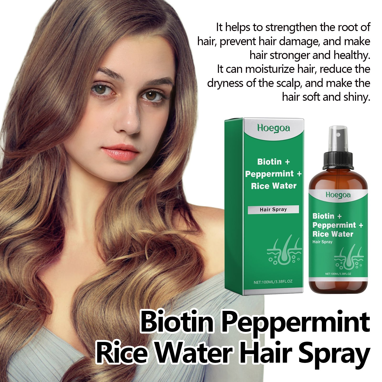Biotin Peppermint Rice Water Hair Spray, Repair Dry Hair Soft Hair Thick Hair Flexible And Nourishing Hair