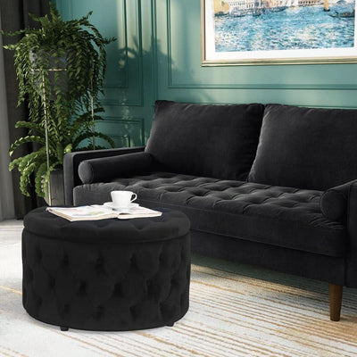Twenty EightInch Velvety Round Storage Ottoman Black Tufted