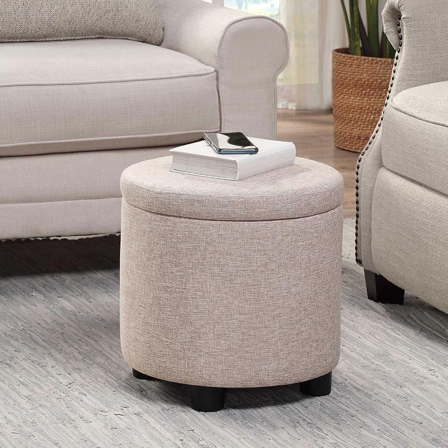 Round Storage Ottoman Upholstered Removable Tray Lid