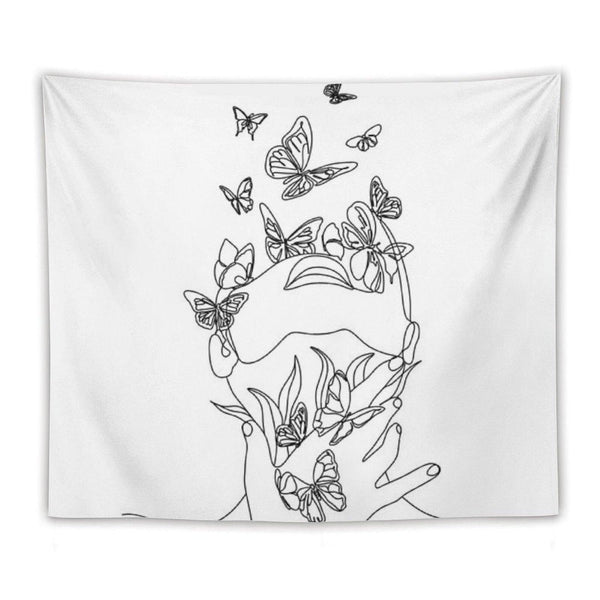 Abstract Face with Butterfly by One Line Drawing. Portrait Minimalistic Style.  Botanical Print. Nature Symbol of Cosmetics. Mod Tapestry