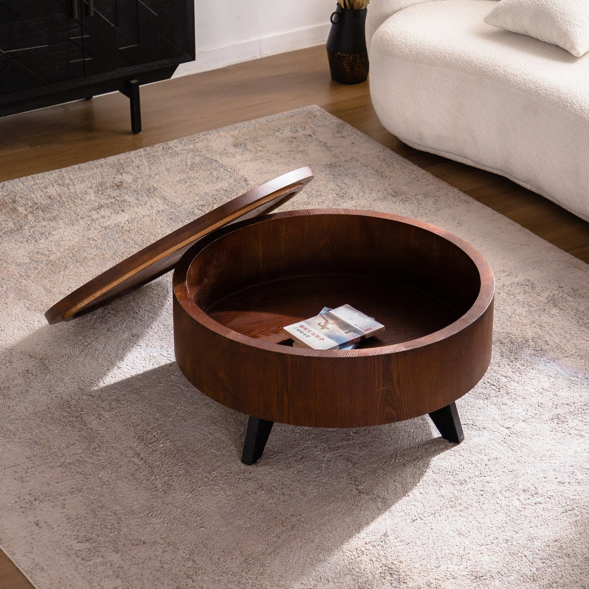 Mid-Century Modern Flip-Top Round Walnut Coffee Table with Hidden Storage