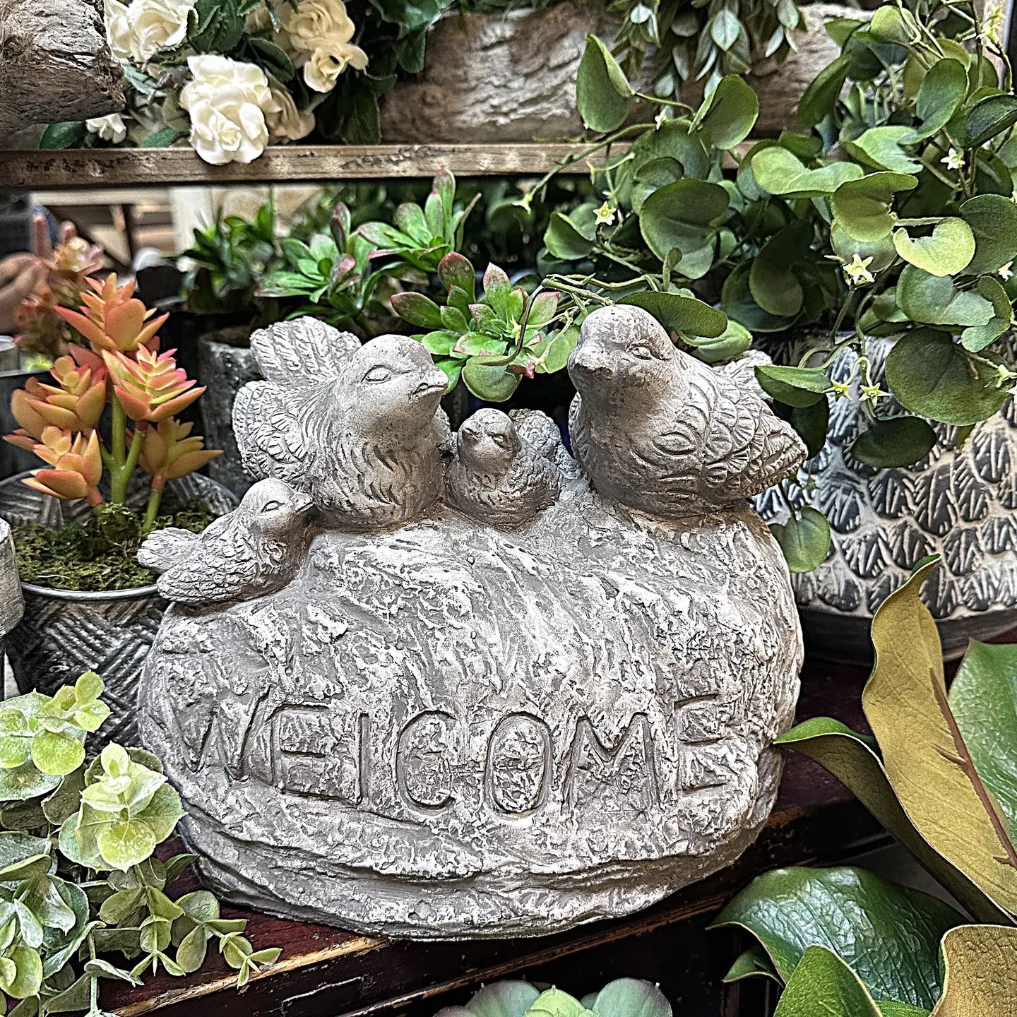 Cement Birds Statue Outdoor Welcome Sign