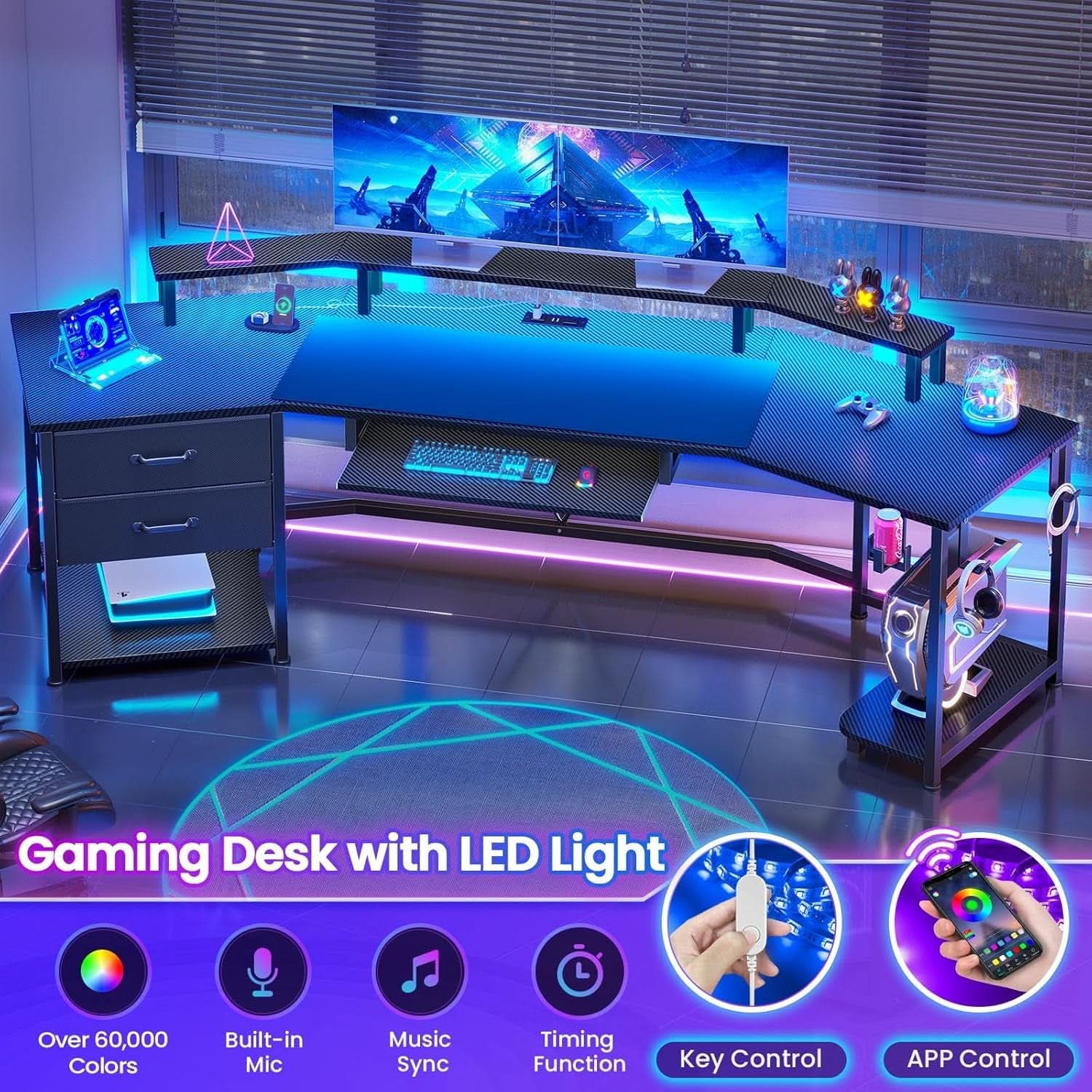 79 Inch Gaming Desk With LED Lights And Storage