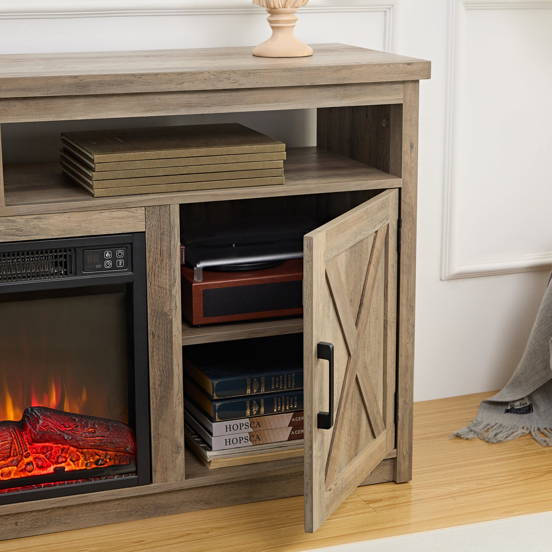 Farmhouse TV Media Stand, Large Barn Inspired Home Entertainment Console, with 18' Fireplace